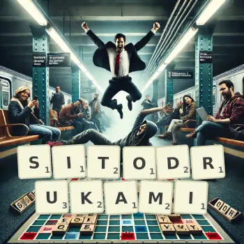 Kreatywna ilustracja do gry w Scrabble ze słowem SITODRUKAMI ułożonym z płytek na planszy.