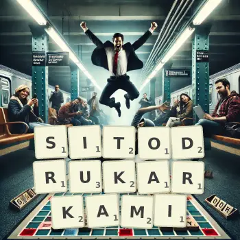 Kreatywna ilustracja do gry w Scrabble ze słowem SITODRUKARKAMI ułożonym z płytek na planszy.