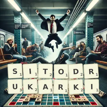 Kreatywna ilustracja do gry w Scrabble ze słowem SITODRUKARKI ułożonym z płytek na planszy.