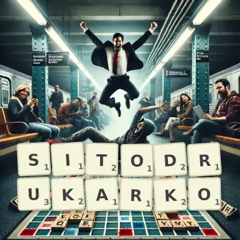 Kreatywna ilustracja do gry w Scrabble ze słowem SITODRUKARKO ułożonym z płytek na planszy.