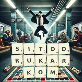 Kreatywna ilustracja do gry w Scrabble ze słowem SITODRUKARKOM ułożonym z płytek na planszy.