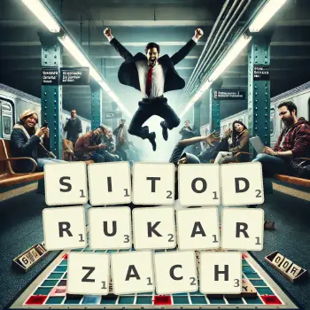 Kreatywna ilustracja do gry w Scrabble ze słowem SITODRUKARZACH ułożonym z płytek na planszy.