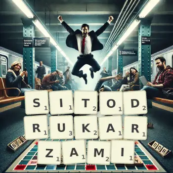 Kreatywna ilustracja do gry w Scrabble ze słowem SITODRUKARZAMI ułożonym z płytek na planszy.