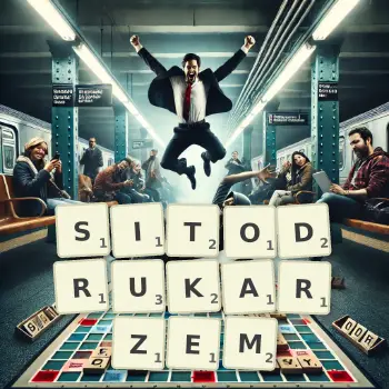 Kreatywna ilustracja do gry w Scrabble ze słowem SITODRUKARZEM ułożonym z płytek na planszy.