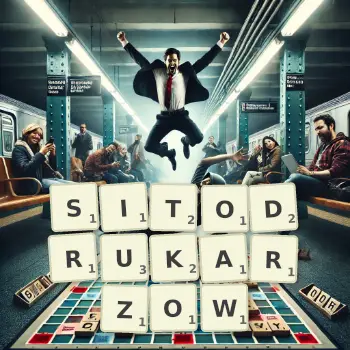 Kreatywna ilustracja do gry w Scrabble ze słowem SITODRUKARZOW ułożonym z płytek na planszy.