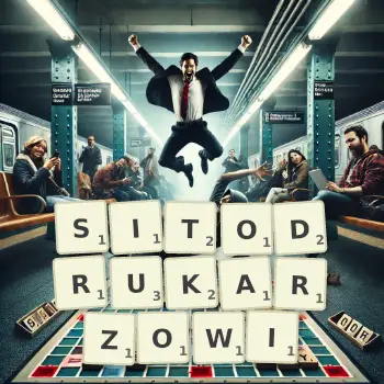 Kreatywna ilustracja do gry w Scrabble ze słowem SITODRUKARZOWI ułożonym z płytek na planszy.