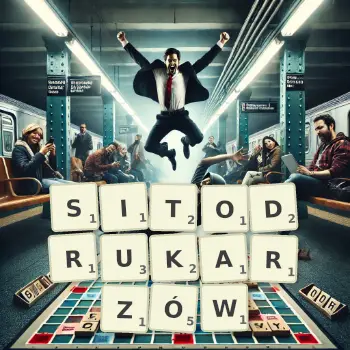 Kreatywna ilustracja do gry w Scrabble ze słowem SITODRUKARZÓW ułożonym z płytek na planszy.