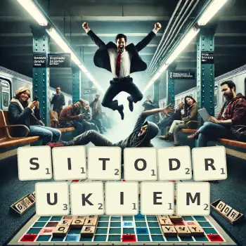 Kreatywna ilustracja do gry w Scrabble ze słowem SITODRUKIEM ułożonym z płytek na planszy.