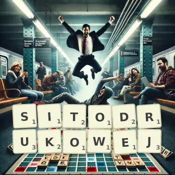 Kreatywna ilustracja do gry w Scrabble ze słowem SITODRUKOWEJ ułożonym z płytek na planszy.