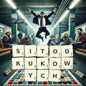 Kreatywna ilustracja do gry w Scrabble ze słowem SITODRUKOWYCH ułożonym z płytek na planszy.