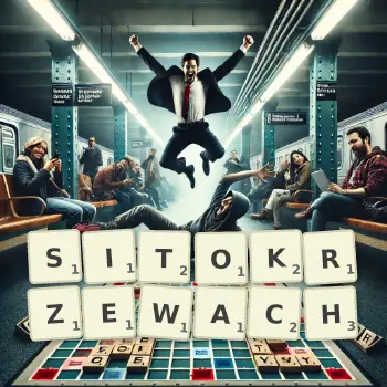 Kreatywna ilustracja do gry w Scrabble ze słowem SITOKRZEWACH ułożonym z płytek na planszy.