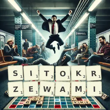 Kreatywna ilustracja do gry w Scrabble ze słowem SITOKRZEWAMI ułożonym z płytek na planszy.