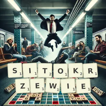 Kreatywna ilustracja do gry w Scrabble ze słowem SITOKRZEWIE ułożonym z płytek na planszy.