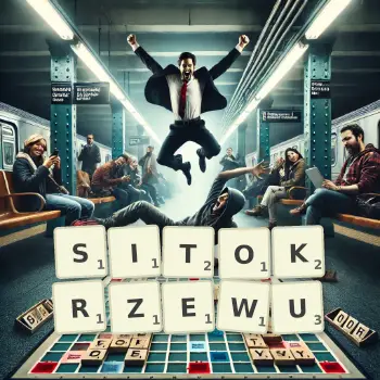 Kreatywna ilustracja do gry w Scrabble ze słowem SITOKRZEWU ułożonym z płytek na planszy.