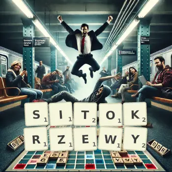 Kreatywna ilustracja do gry w Scrabble ze słowem SITOKRZEWY ułożonym z płytek na planszy.