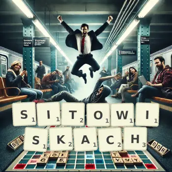 Kreatywna ilustracja do gry w Scrabble ze słowem SITOWISKACH ułożonym z płytek na planszy.