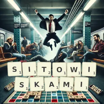 Kreatywna ilustracja do gry w Scrabble ze słowem SITOWISKAMI ułożonym z płytek na planszy.