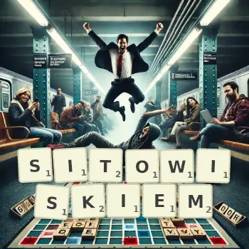 Kreatywna ilustracja do gry w Scrabble ze słowem SITOWISKIEM ułożonym z płytek na planszy.