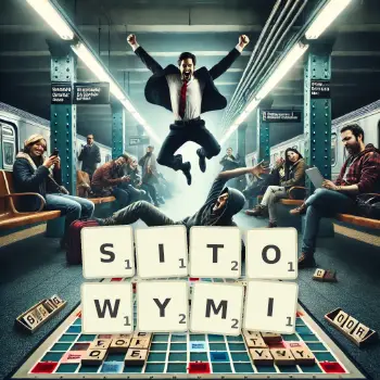 Kreatywna ilustracja do gry w Scrabble ze słowem SITOWYMI ułożonym z płytek na planszy.