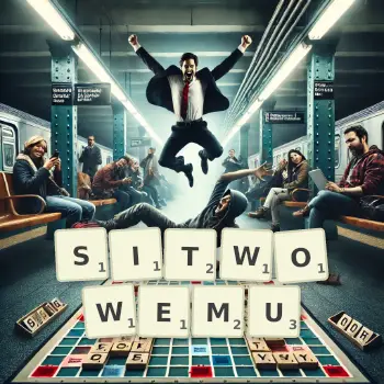 Kreatywna ilustracja do gry w Scrabble ze słowem SITWOWEMU ułożonym z płytek na planszy.