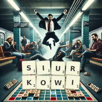 Kreatywna ilustracja do gry w Scrabble ze słowem SIURKOWI ułożonym z płytek na planszy.