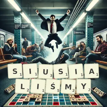 Kreatywna ilustracja do gry w Scrabble ze słowem SIUSIALIŚMY ułożonym z płytek na planszy.