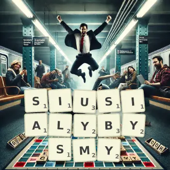 Kreatywna ilustracja do gry w Scrabble ze słowem SIUSIALYBYSMY ułożonym z płytek na planszy.
