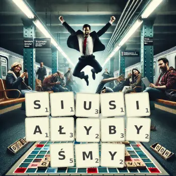 Kreatywna ilustracja do gry w Scrabble ze słowem SIUSIAŁYBYŚMY ułożonym z płytek na planszy.