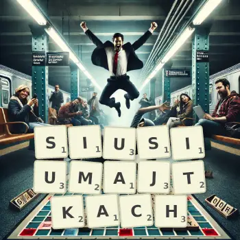 Kreatywna ilustracja do gry w Scrabble ze słowem SIUSIUMAJTKACH ułożonym z płytek na planszy.