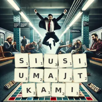 Kreatywna ilustracja do gry w Scrabble ze słowem SIUSIUMAJTKAMI ułożonym z płytek na planszy.