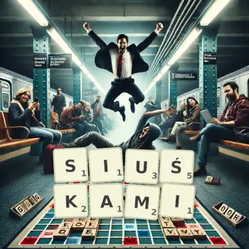 Kreatywna ilustracja do gry w Scrabble ze słowem SIUŚKAMI ułożonym z płytek na planszy.