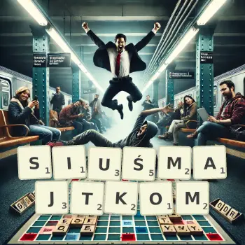 Kreatywna ilustracja do gry w Scrabble ze słowem SIUŚMAJTKOM ułożonym z płytek na planszy.