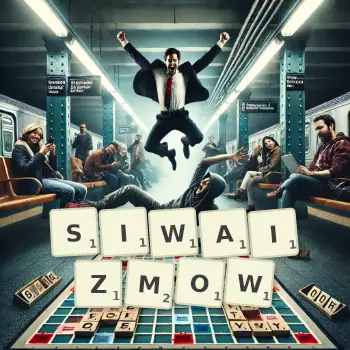 Kreatywna ilustracja do gry w Scrabble ze słowem SIWAIZMOW ułożonym z płytek na planszy.