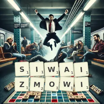 Kreatywna ilustracja do gry w Scrabble ze słowem SIWAIZMOWI ułożonym z płytek na planszy.