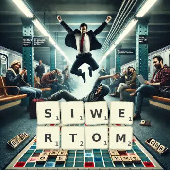 Kreatywna ilustracja do gry w Scrabble ze słowem SIWERTOM ułożonym z płytek na planszy.