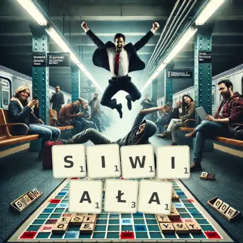 Kreatywna ilustracja do gry w Scrabble ze słowem SIWIAŁA ułożonym z płytek na planszy.