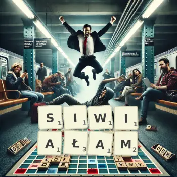 Kreatywna ilustracja do gry w Scrabble ze słowem SIWIAŁAM ułożonym z płytek na planszy.