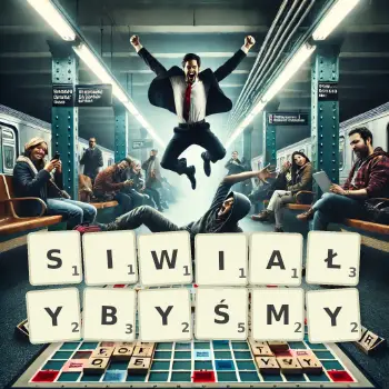 Kreatywna ilustracja do gry w Scrabble ze słowem SIWIAŁYBYŚMY ułożonym z płytek na planszy.