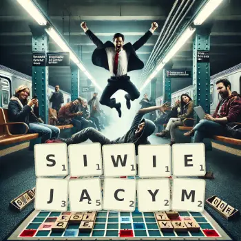 Kreatywna ilustracja do gry w Scrabble ze słowem SIWIEJĄCYM ułożonym z płytek na planszy.