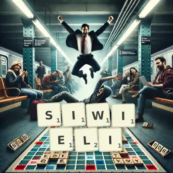 Kreatywna ilustracja do gry w Scrabble ze słowem SIWIELI ułożonym z płytek na planszy.