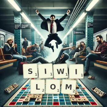 Kreatywna ilustracja do gry w Scrabble ze słowem SIWILOM ułożonym z płytek na planszy.