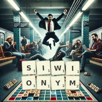 Kreatywna ilustracja do gry w Scrabble ze słowem SIWIONYM ułożonym z płytek na planszy.