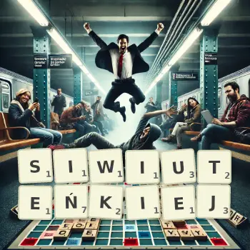 Kreatywna ilustracja do gry w Scrabble ze słowem SIWIUTEŃKIEJ ułożonym z płytek na planszy.