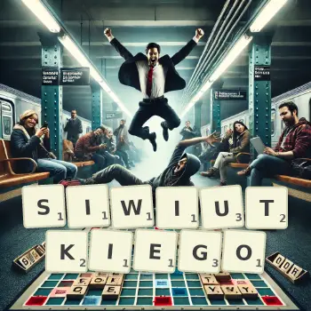 Kreatywna ilustracja do gry w Scrabble ze słowem SIWIUTKIEGO ułożonym z płytek na planszy.