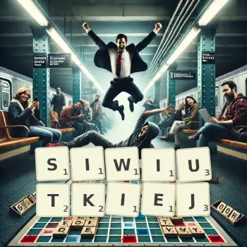 Kreatywna ilustracja do gry w Scrabble ze słowem SIWIUTKIEJ ułożonym z płytek na planszy.