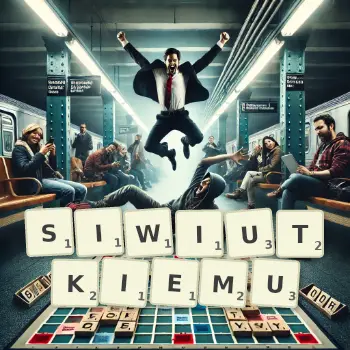 Kreatywna ilustracja do gry w Scrabble ze słowem SIWIUTKIEMU ułożonym z płytek na planszy.