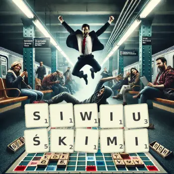 Kreatywna ilustracja do gry w Scrabble ze słowem SIWIUŚKIMI ułożonym z płytek na planszy.