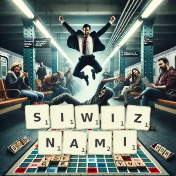 Kreatywna ilustracja do gry w Scrabble ze słowem SIWIZNAMI ułożonym z płytek na planszy.