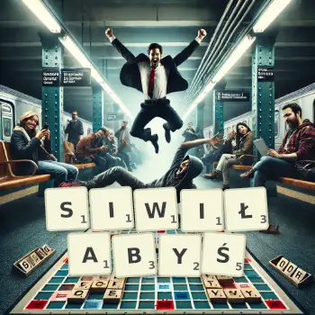 Kreatywna ilustracja do gry w Scrabble ze słowem SIWIŁABYŚ ułożonym z płytek na planszy.
