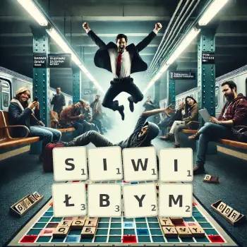 Kreatywna ilustracja do gry w Scrabble ze słowem SIWIŁBYM ułożonym z płytek na planszy.